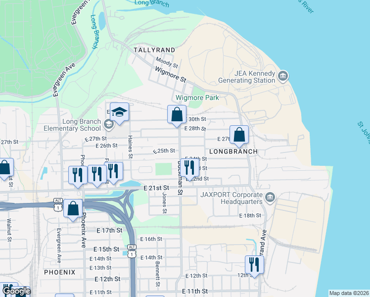 map of restaurants, bars, coffee shops, grocery stores, and more near 3408 Buckman Street in Jacksonville