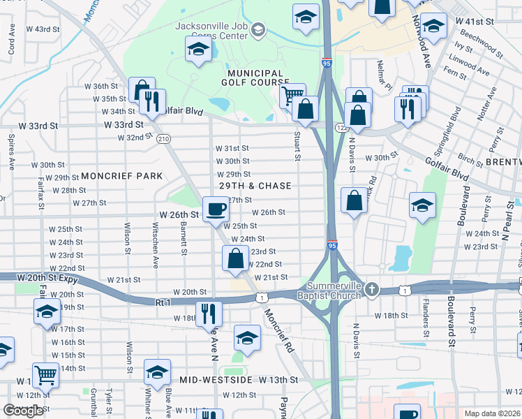 map of restaurants, bars, coffee shops, grocery stores, and more near 1196 West 26th Street in Jacksonville