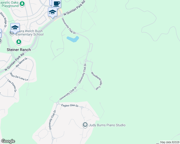 map of restaurants, bars, coffee shops, grocery stores, and more near 11633 Woodland Hills Trail in Austin