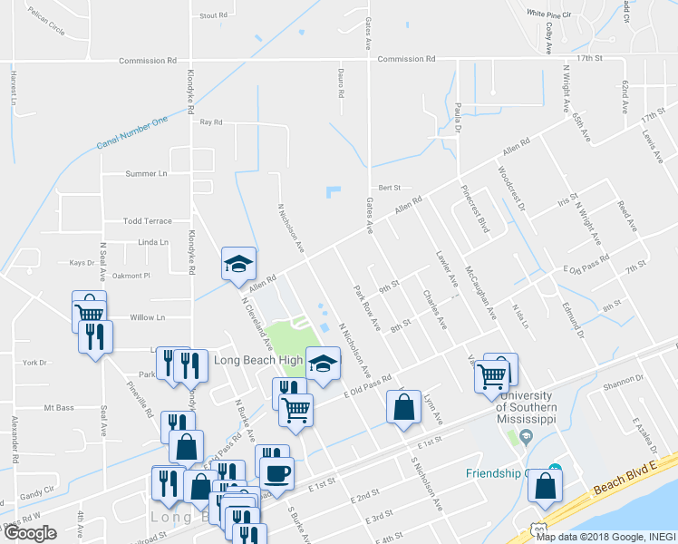 map of restaurants, bars, coffee shops, grocery stores, and more near 1001 Park Row Avenue in Long Beach