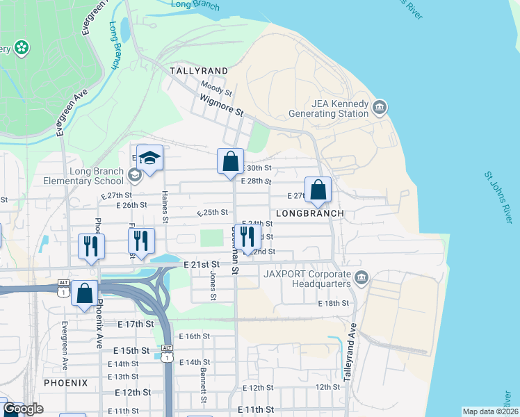map of restaurants, bars, coffee shops, grocery stores, and more near 1751 East 24th Street in Jacksonville