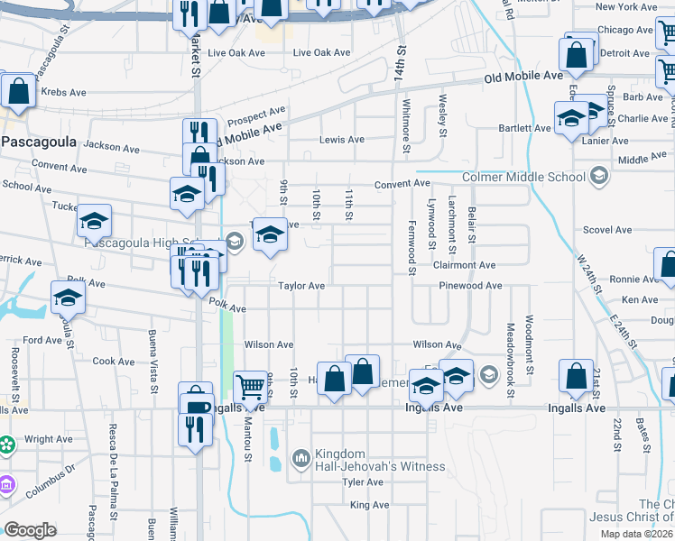 map of restaurants, bars, coffee shops, grocery stores, and more near 2118 Paul Harvey Avenue in Pascagoula