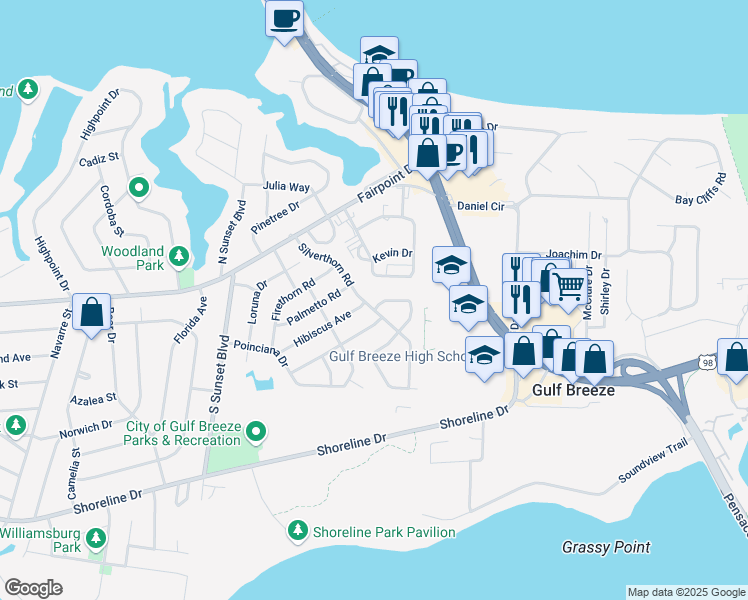 map of restaurants, bars, coffee shops, grocery stores, and more near 312 Silverthorn Road in Gulf Breeze