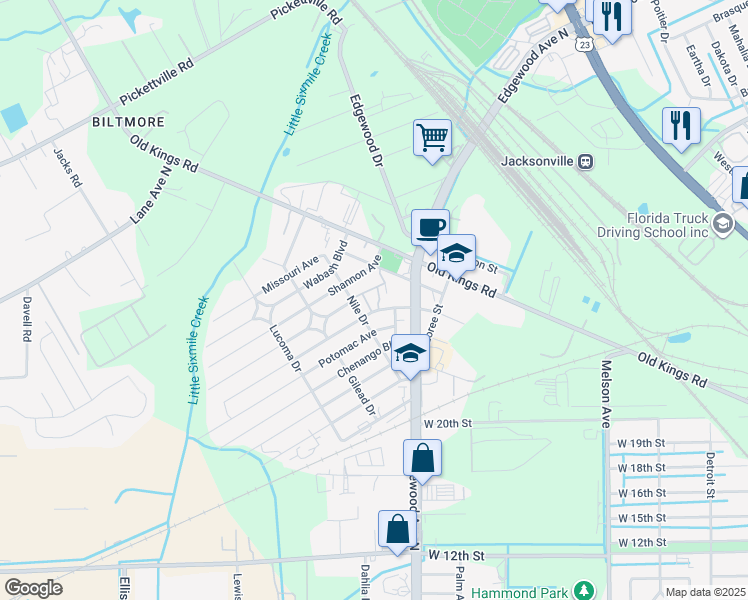 map of restaurants, bars, coffee shops, grocery stores, and more near 5206 Amazon Avenue in Jacksonville