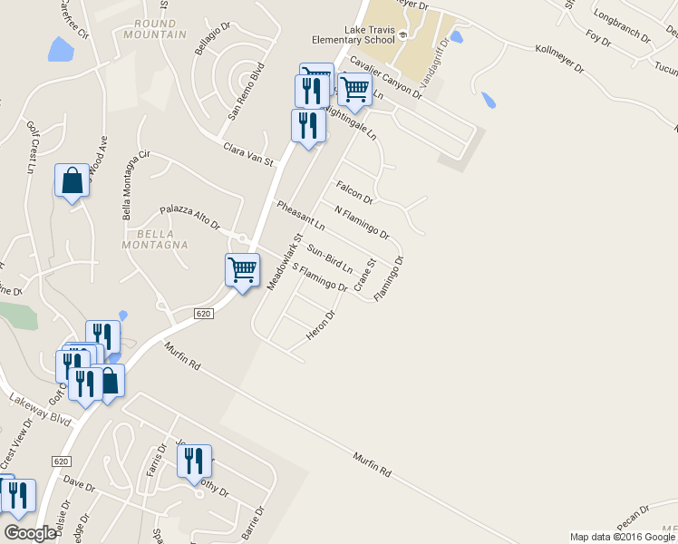 map of restaurants, bars, coffee shops, grocery stores, and more near 15107 Sun-Bird Lane in Austin