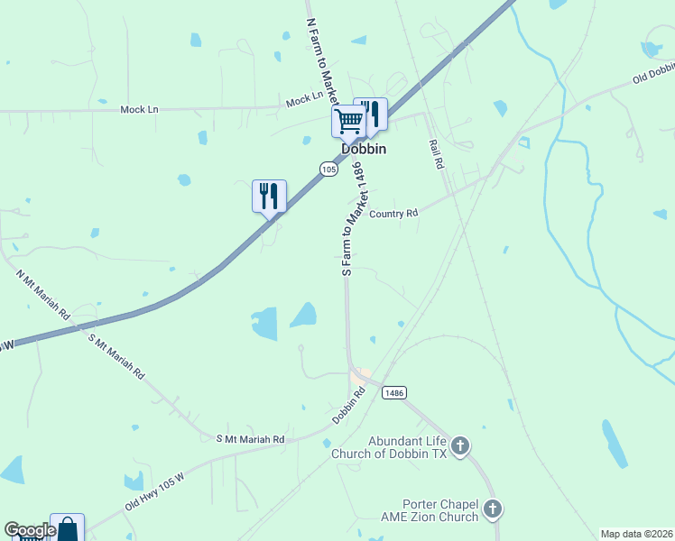 map of restaurants, bars, coffee shops, grocery stores, and more near 352 Farm to Market 1486 in Montgomery
