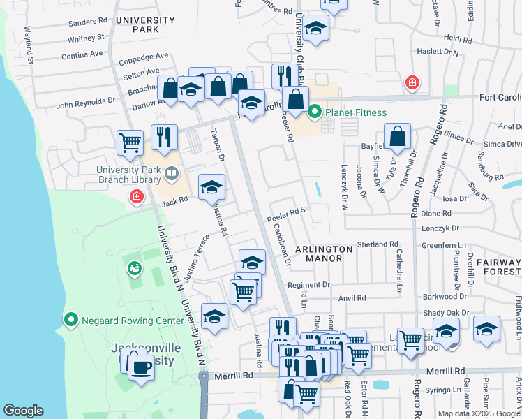 map of restaurants, bars, coffee shops, grocery stores, and more near 3321 Cesery Boulevard in Jacksonville