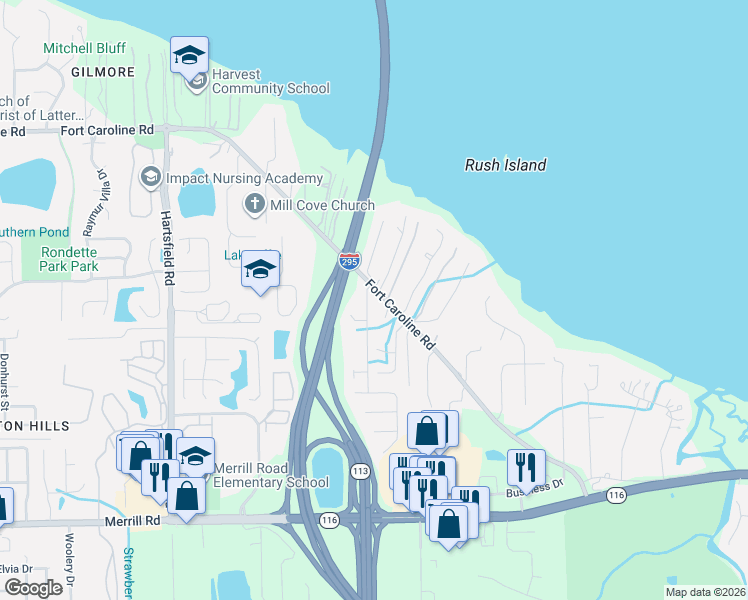map of restaurants, bars, coffee shops, grocery stores, and more near 3621 Gilmore Heights Road North in Jacksonville