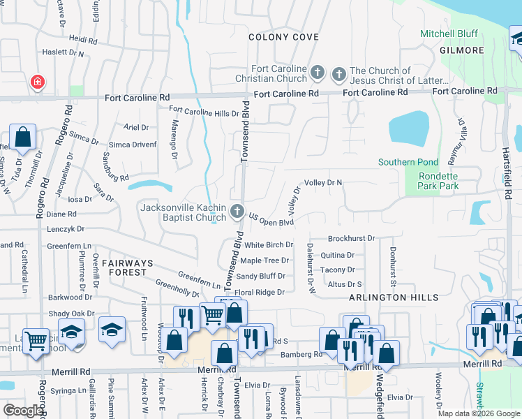 map of restaurants, bars, coffee shops, grocery stores, and more near 3310 Net Court in Jacksonville