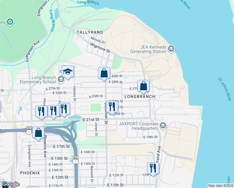 map of restaurants, bars, coffee shops, grocery stores, and more near 1751 East 24th Street in Jacksonville