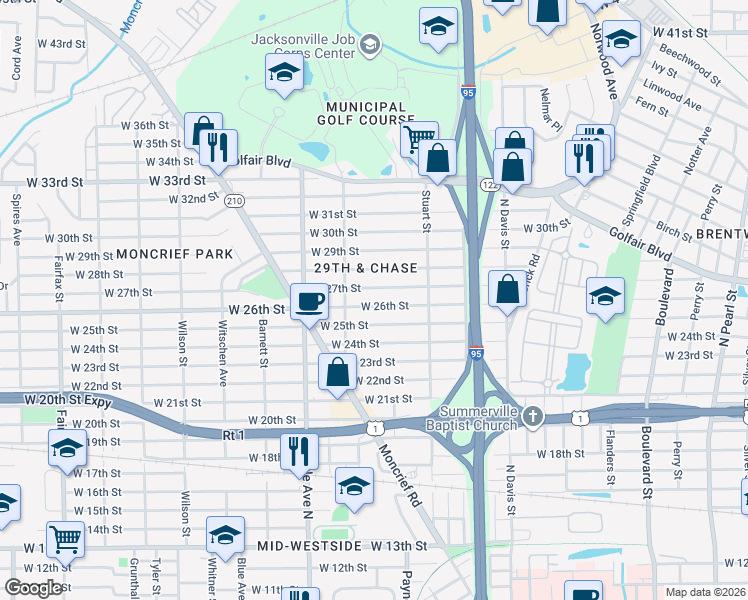 map of restaurants, bars, coffee shops, grocery stores, and more near 1196 West 26th Street in Jacksonville