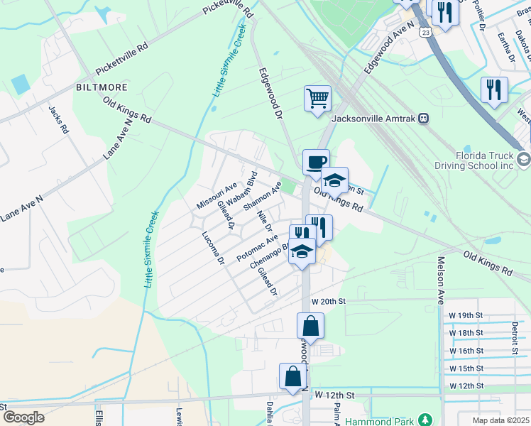 map of restaurants, bars, coffee shops, grocery stores, and more near 5206 Amazon Avenue in Jacksonville