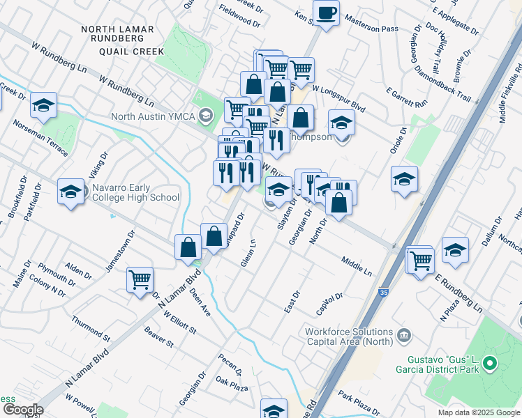 map of restaurants, bars, coffee shops, grocery stores, and more near 405 Cooper Drive in Austin