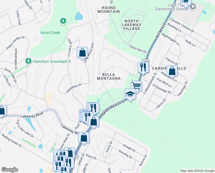 map of restaurants, bars, coffee shops, grocery stores, and more near 106 Bella Montagna Circle in Austin