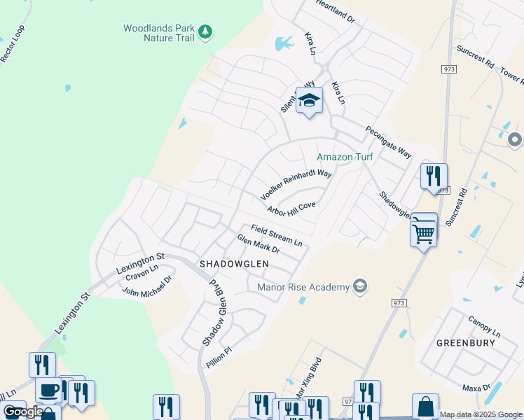 map of restaurants, bars, coffee shops, grocery stores, and more near 13605 Arbor Hill Cove in Manor