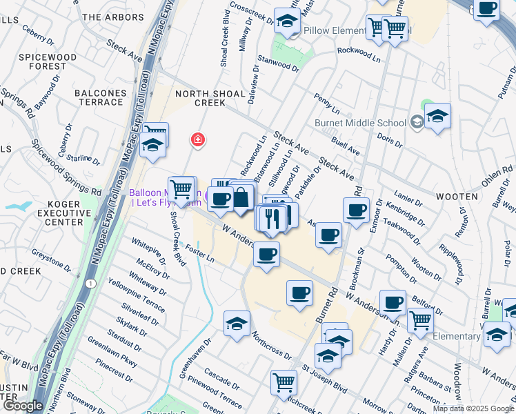 map of restaurants, bars, coffee shops, grocery stores, and more near 7925 Rockwood Lane in Austin