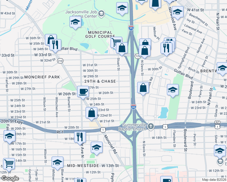 map of restaurants, bars, coffee shops, grocery stores, and more near 1138 West 26th Street in Jacksonville