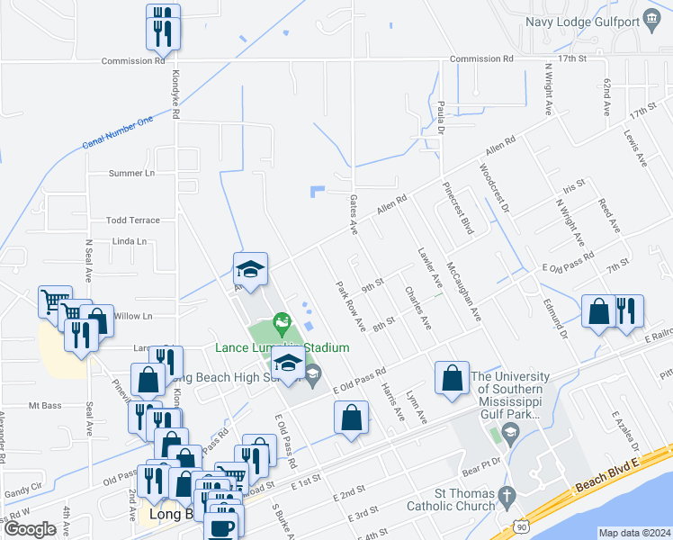 map of restaurants, bars, coffee shops, grocery stores, and more near 1000 Park Row Avenue in Long Beach