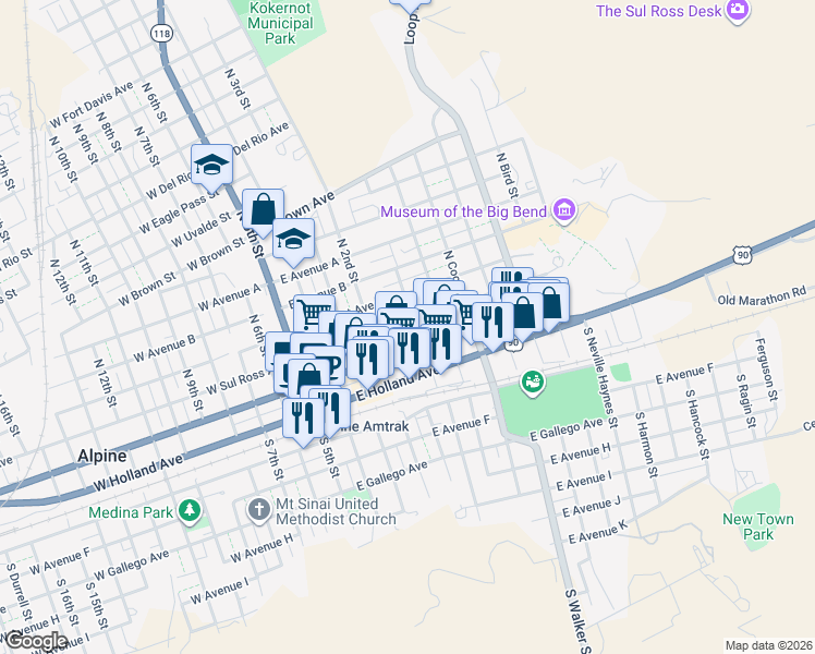 map of restaurants, bars, coffee shops, grocery stores, and more near 502 Tippett Place in Alpine