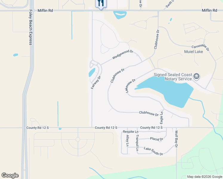 map of restaurants, bars, coffee shops, grocery stores, and more near 9270 Clubhouse Drive in Foley