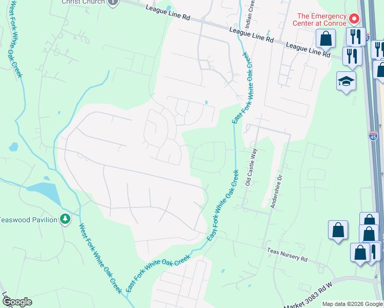map of restaurants, bars, coffee shops, grocery stores, and more near 7010 Cross Creek Road in Conroe