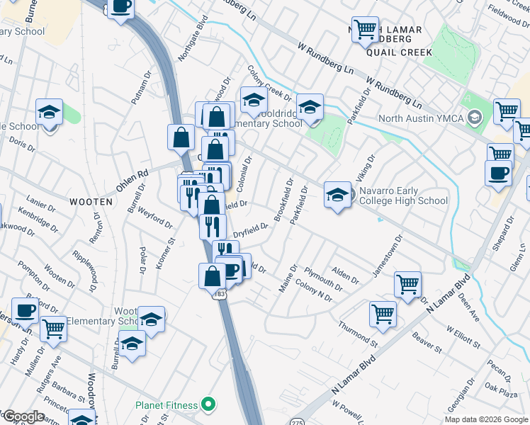 map of restaurants, bars, coffee shops, grocery stores, and more near 8520 Dryfield Drive in Austin