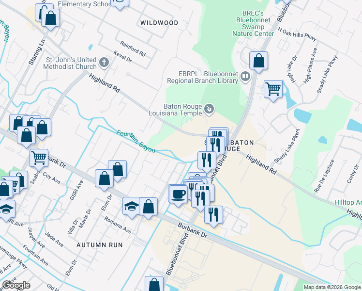 map of restaurants, bars, coffee shops, grocery stores, and more near 11334 Highland Road in Baton Rouge