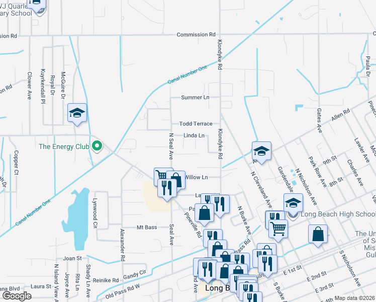 map of restaurants, bars, coffee shops, grocery stores, and more near 14 Oakmont Pl in Long Beach