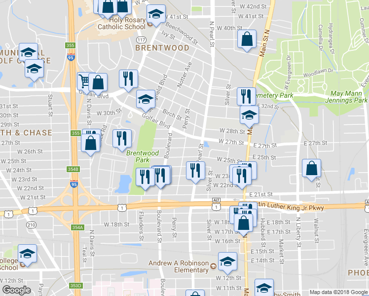 map of restaurants, bars, coffee shops, grocery stores, and more near 3599 Perry Street in Jacksonville