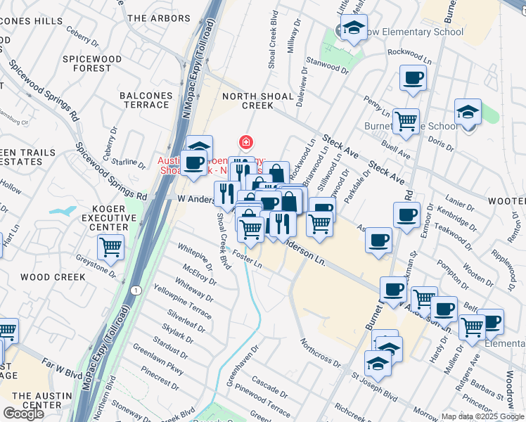map of restaurants, bars, coffee shops, grocery stores, and more near 2930 West Anderson Lane in Austin