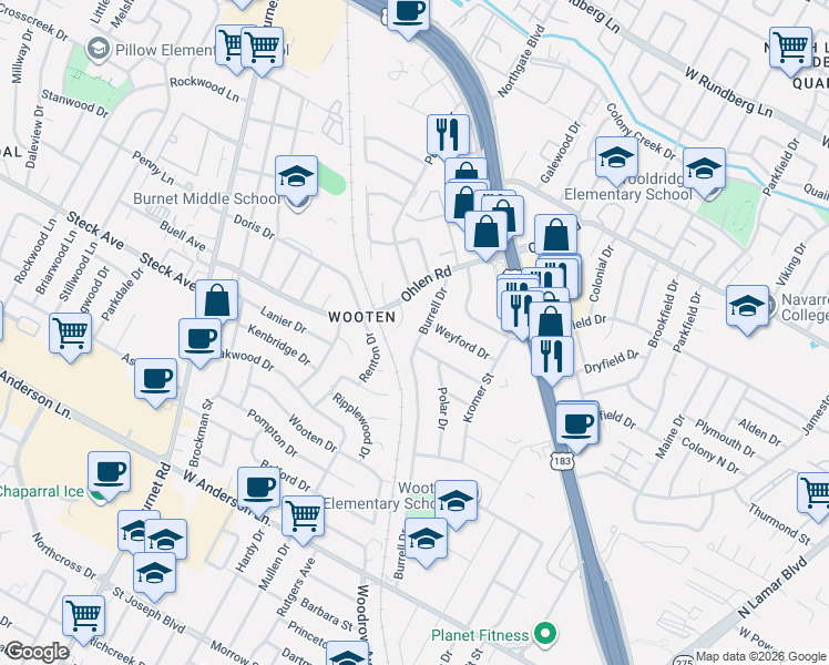 map of restaurants, bars, coffee shops, grocery stores, and more near 8322 Burrell Drive in Austin