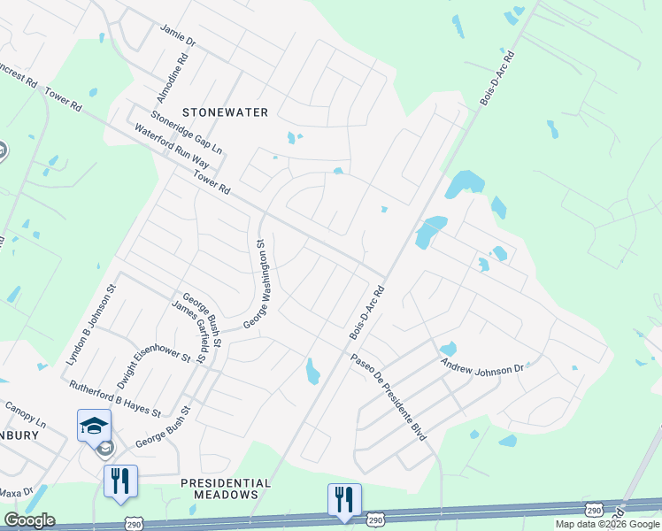 map of restaurants, bars, coffee shops, grocery stores, and more near 13829 Inaugural Street in Manor