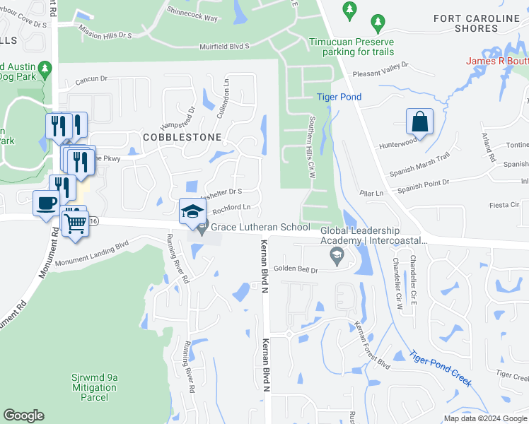 map of restaurants, bars, coffee shops, grocery stores, and more near 2733 Rochford Court in Jacksonville