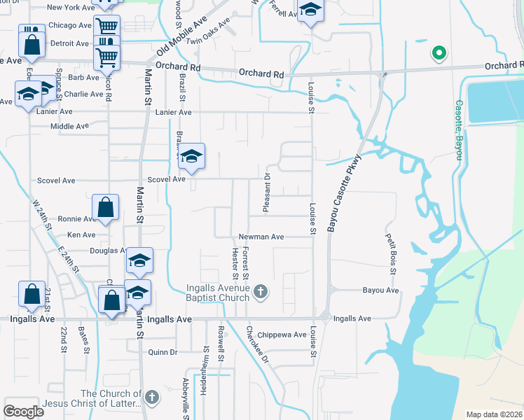 map of restaurants, bars, coffee shops, grocery stores, and more near 4508 New Hope Ave in Pascagoula