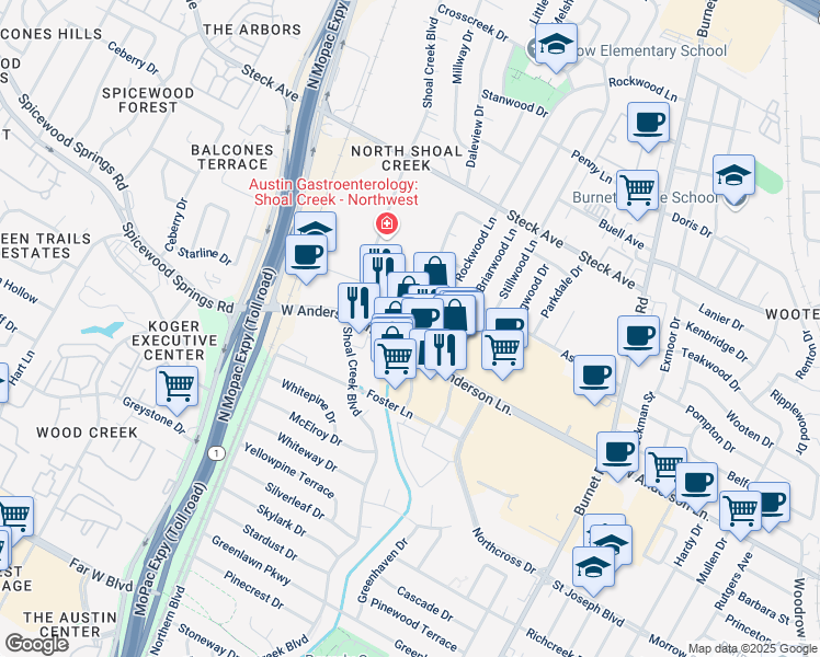 map of restaurants, bars, coffee shops, grocery stores, and more near 2930 West Anderson Lane in Austin