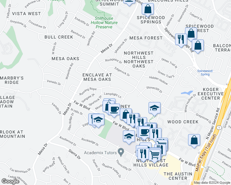 map of restaurants, bars, coffee shops, grocery stores, and more near 7212 Lamplight Lane in Austin