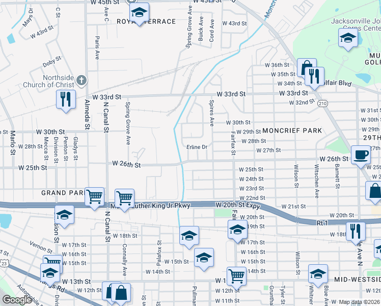 map of restaurants, bars, coffee shops, grocery stores, and more near 3625 Charles Street in Jacksonville