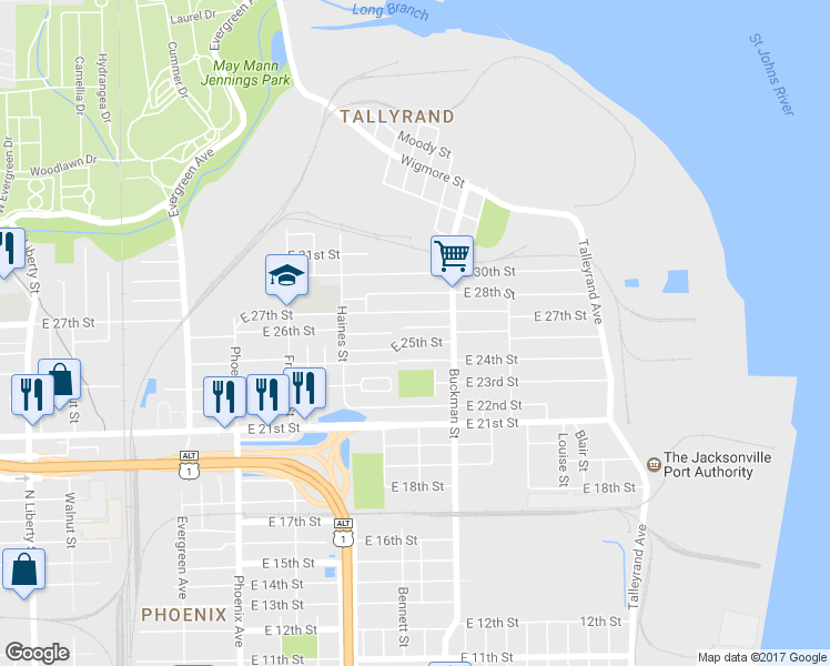 map of restaurants, bars, coffee shops, grocery stores, and more near 1520 East 25th Street in Jacksonville