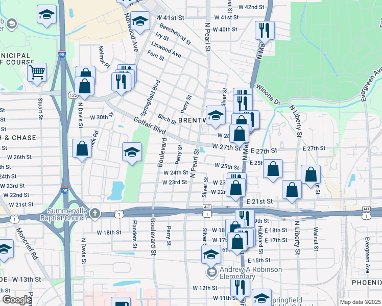 map of restaurants, bars, coffee shops, grocery stores, and more near 325 West 25th Street in Jacksonville