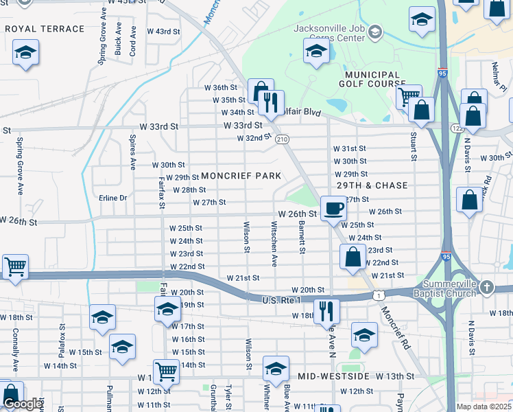 map of restaurants, bars, coffee shops, grocery stores, and more near 1522 West 26th Street in Jacksonville