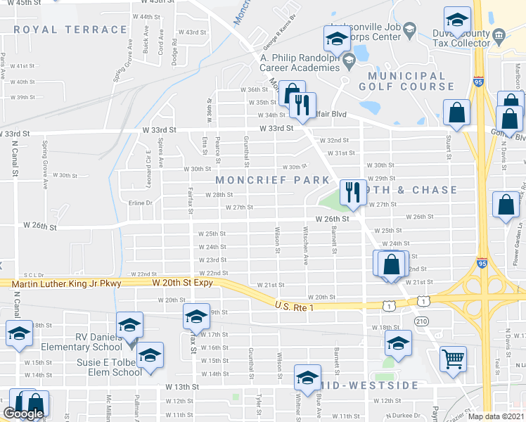 map of restaurants, bars, coffee shops, grocery stores, and more near 1582 West 26th Street in Jacksonville