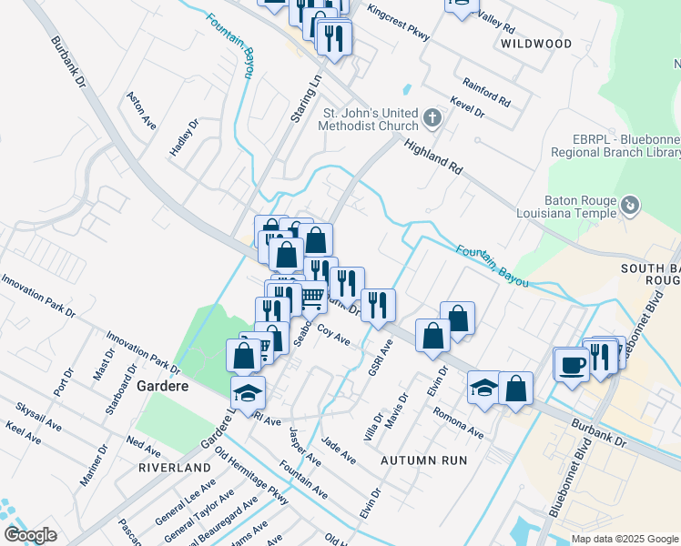 map of restaurants, bars, coffee shops, grocery stores, and more near 9429 Burbank Drive in Baton Rouge