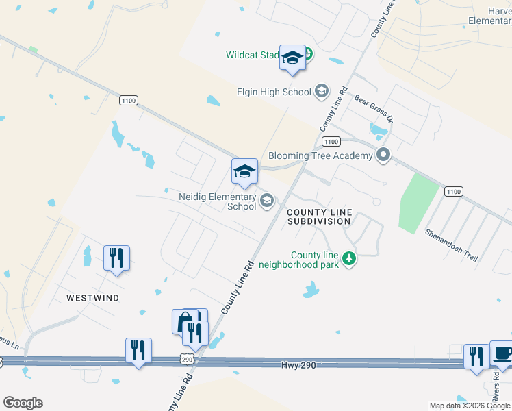 map of restaurants, bars, coffee shops, grocery stores, and more near 13700 County Line Road in Elgin