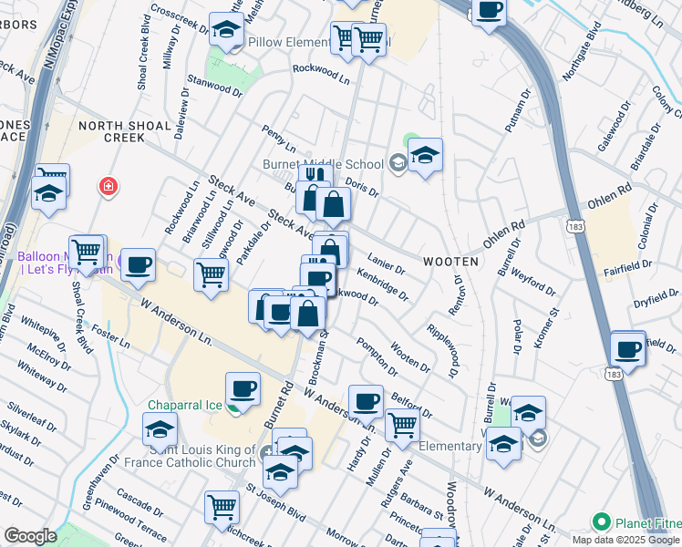 map of restaurants, bars, coffee shops, grocery stores, and more near 8109 Exmoor Drive in Austin