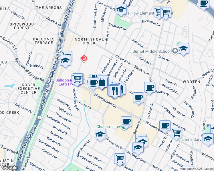 map of restaurants, bars, coffee shops, grocery stores, and more near 7925 Rockwood Lane in Austin