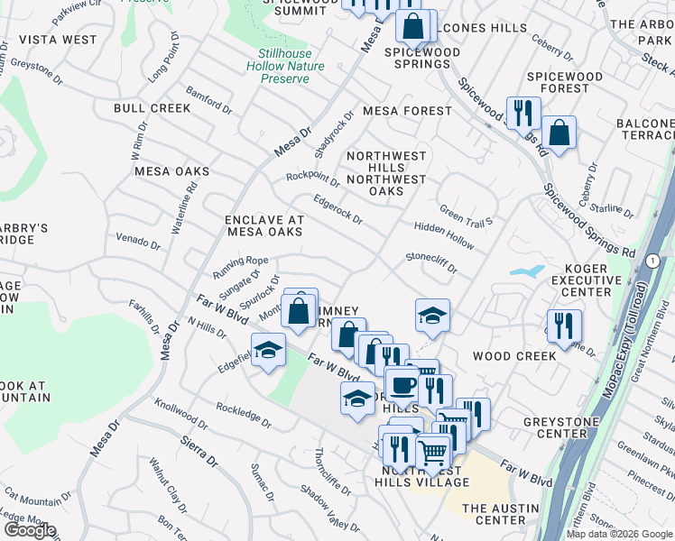 map of restaurants, bars, coffee shops, grocery stores, and more near 7304 Lamplight Lane in Austin
