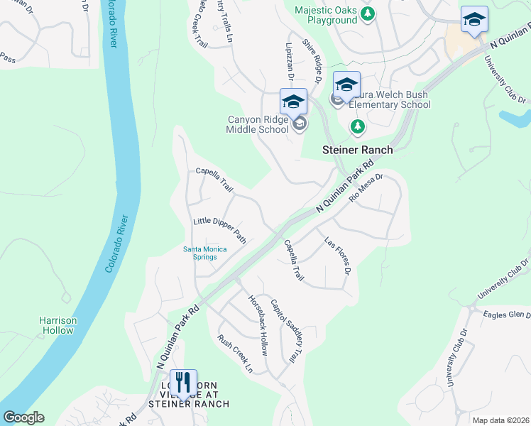 map of restaurants, bars, coffee shops, grocery stores, and more near 12520 Capella Trail in Austin