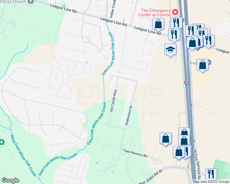 map of restaurants, bars, coffee shops, grocery stores, and more near 5813 Cross Creek Road in Conroe