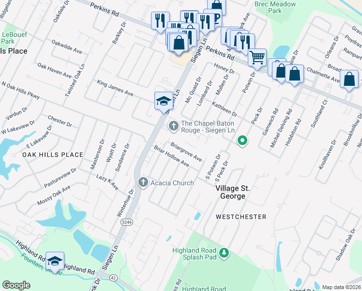 map of restaurants, bars, coffee shops, grocery stores, and more near 13314 Briargrove Avenue in Baton Rouge