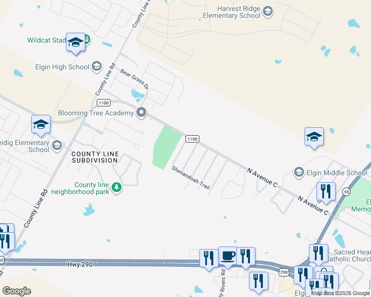 map of restaurants, bars, coffee shops, grocery stores, and more near 116 Blue Ridge Tr in Elgin